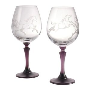 Majestic Horse Design Wine Glass Set with Purple Stems